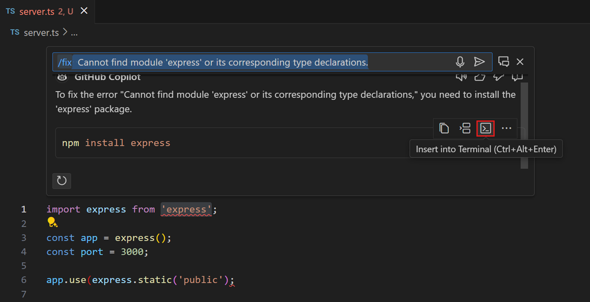 Screenshot of VS Code editor, showing the Copilot inline chat proposing to install the express npm package to solve the problem.